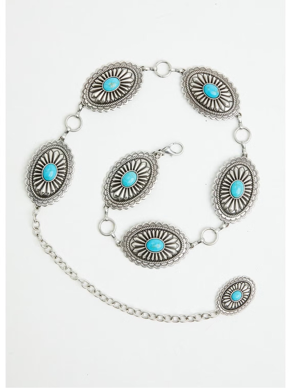 New Ariat Silver Turquoise Oval Concho Chain Belt - Adjustable up to 36”